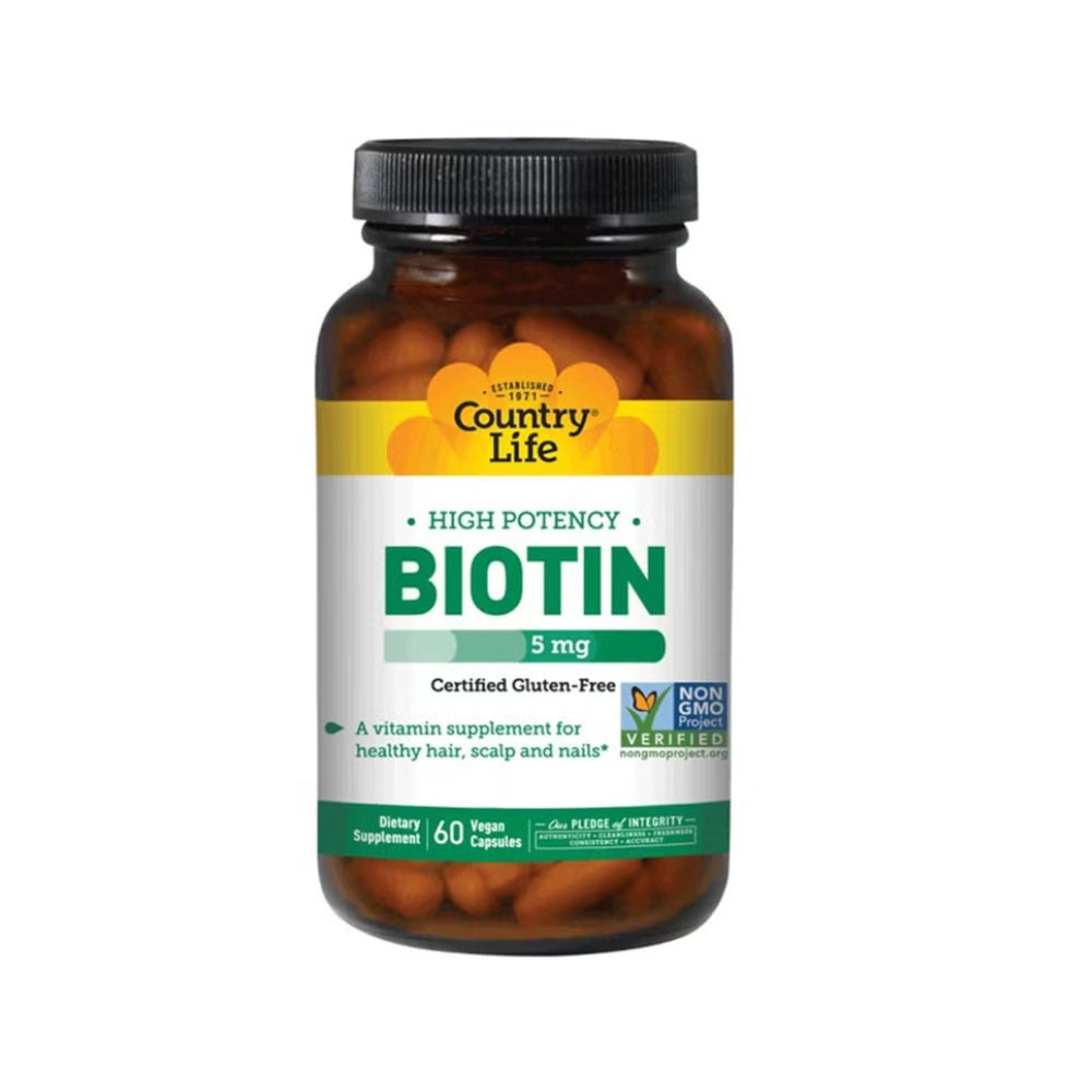 Country Life High Potency Biotin 5 mg Gluten-Free Vegan Capsules For Hair, Scalp & Nails, Pack of 60's