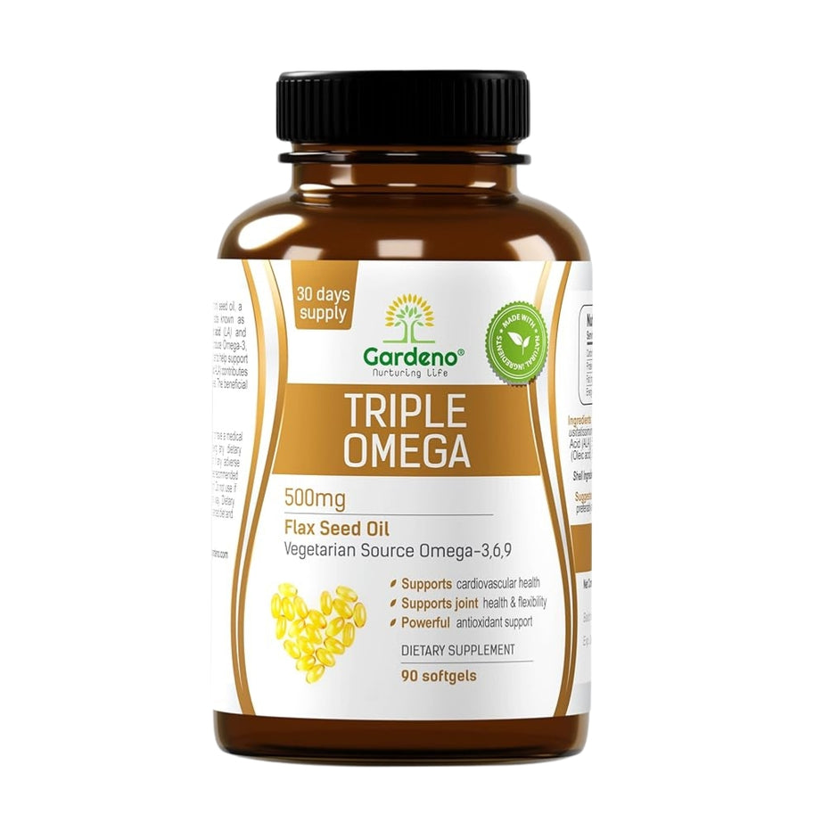 Gardeno Nurturing Life Triple Omega for Cardiovascular, Brain & Immune Support - Vegan Source of Omega 3-6-9 with Highest Potency Pure Flaxseed Oil - 90 Softgels, 500mg Each